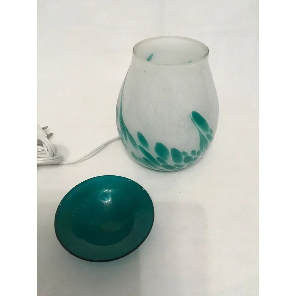 Handcrafted‎ Glass Electric Oil Warmer Lamp With Teal Accents & Detachable Dish